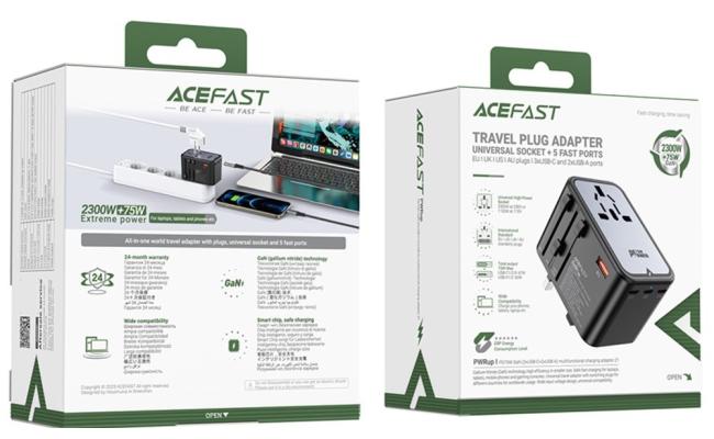 ACEFAST Z1 PD 75W Fast Charger 3 Type-C + 2 USB-A GaN Travel Power Socket with EU / UK / US / AU Plug - Black